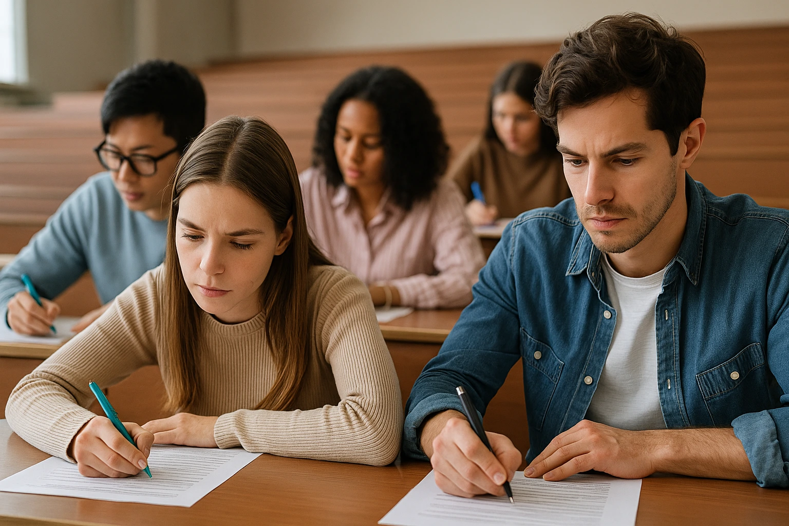 Studenti universitari durante il test IMAT 2025 di Medicina, Odontoiatria e Veterinaria in inglese, seduti in aula e concentrati sulla prova